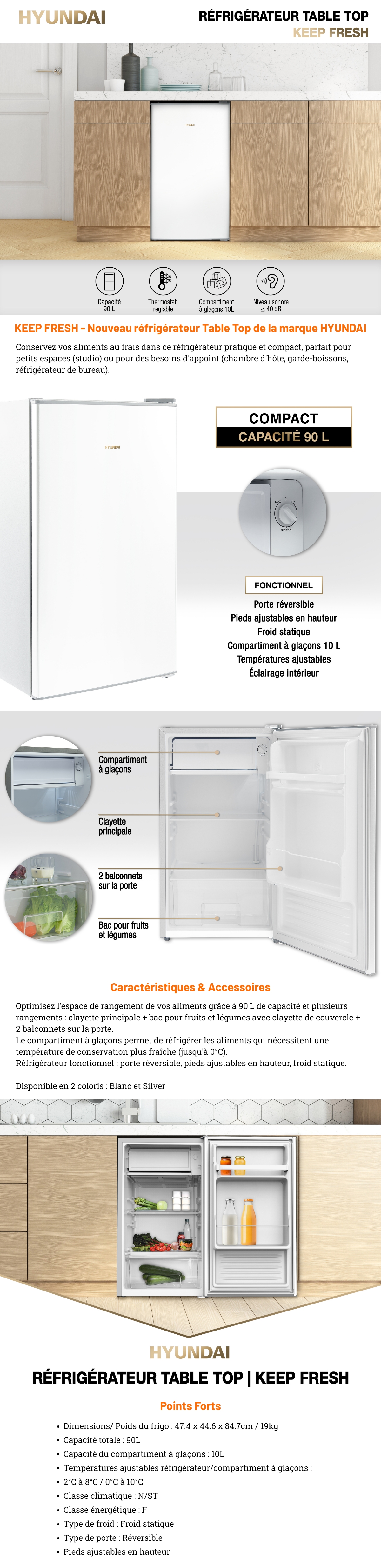Hyundai - réfrigérateur table top 90l porte reversible freezer 10l -  Conforama